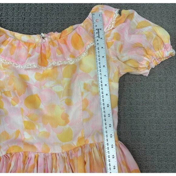Vintage Handmade Dress Small Orange Floral Airy Cotton Fit Flare Puff Sleeve - Picture 6 of 10